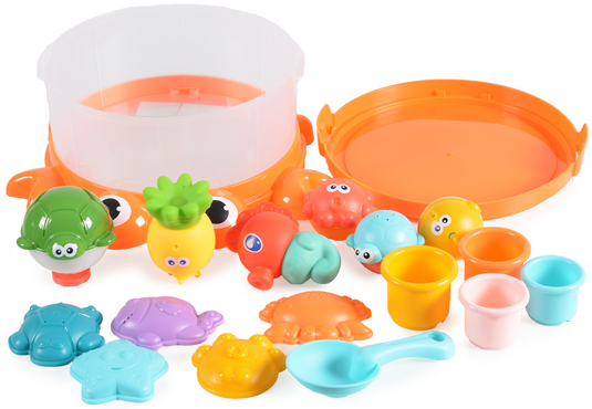 Set Jucarii Baie pentru Copii si Bebelusi, Indiggo®, 16 Piese, Cutie Depozitare, Animalute Colorate, Non Alergic, Distractiv si Interactiv, Portocaliu