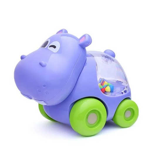 Set Covoras de Joaca cu 4 Masini BabyZoo Indiggo® Animalute Scooter Colorate, Hipopotam/Leu/Elefant/Maimuta cu Bilute Zornaitoare, Geanta Depozitare, Multicolor
