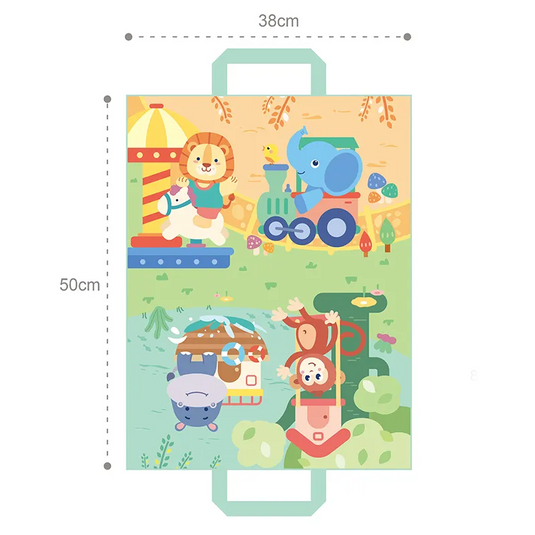 Set Covoras de Joaca cu 4 Masini BabyZoo Indiggo® Animalute Scooter Colorate, Hipopotam/Leu/Elefant/Maimuta cu Bilute Zornaitoare, Geanta Depozitare, Multicolor