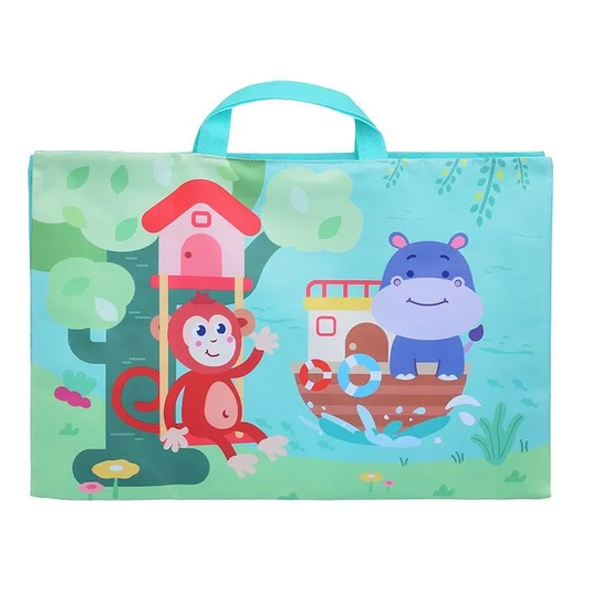 Set Covoras de Joaca cu 4 Masini BabyZoo Indiggo® Animalute Scooter Colorate, Hipopotam/Leu/Elefant/Maimuta cu Bilute Zornaitoare, Geanta Depozitare, Multicolor