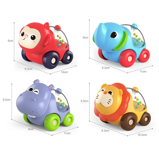 Set Covoras de Joaca cu 4 Masini BabyZoo Indiggo® Animalute Scooter Colorate, Hipopotam/Leu/Elefant/Maimuta cu Bilute Zornaitoare, Geanta Depozitare, Multicolor