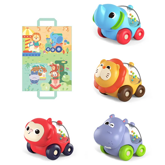 Set Covoras de Joaca cu 4 Masini BabyZoo Indiggo® Animalute Scooter Colorate, Hipopotam/Leu/Elefant/Maimuta cu Bilute Zornaitoare, Geanta Depozitare, Multicolor