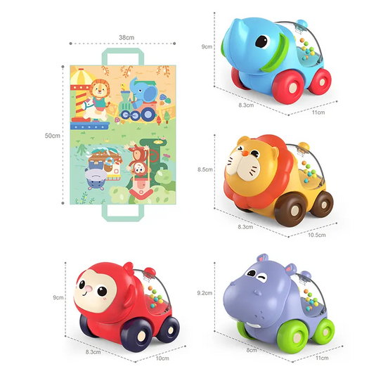 Set Covoras de Joaca cu 4 Masini BabyZoo Indiggo® Animalute Scooter Colorate, Hipopotam/Leu/Elefant/Maimuta cu Bilute Zornaitoare, Geanta Depozitare, Multicolor