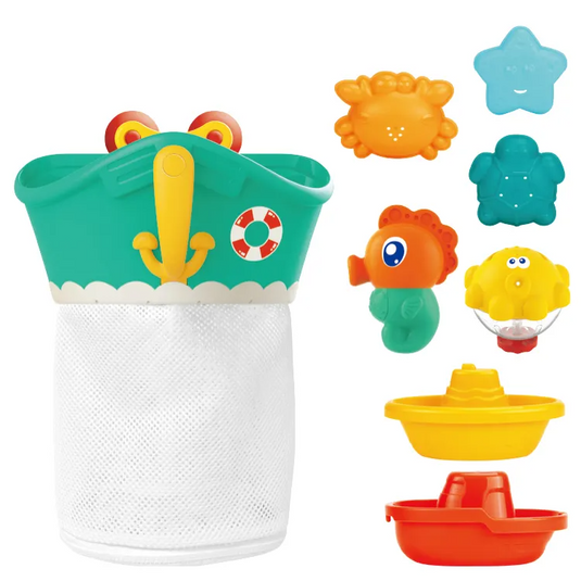 Set Jucarii de Baie pentru Copii si Bebelusi HappyShower Indiggo®, 7 Animalute Marine, Cos de Uscare si Depozitare cu Fermoar pentru Acces Usor si 3 Ventuze pentru Prindere, Fixare Perete sau Cada, Multicolor