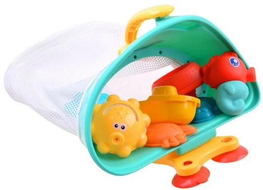 Set Jucarii de Baie pentru Copii si Bebelusi HappyShower Indiggo®, 7 Animalute Marine, Cos de Uscare si Depozitare cu Fermoar pentru Acces Usor si 3 Ventuze pentru Prindere, Fixare Perete sau Cada, Multicolor