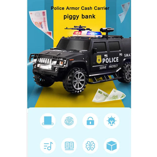 Pusculita inteligenta tip masina blindata pentru copii SMART SWAT, Cu sunete si lumina, Deschidere cu parola si recunoastere a amprentelor digitale, Plastic, Negru