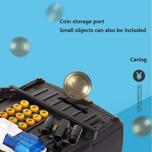 Pusculita inteligenta tip masina blindata pentru copii SMART SWAT, Cu sunete si lumina, Deschidere cu parola si recunoastere a amprentelor digitale, Plastic, Negru