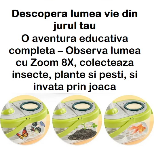 Set de cercetare pentru explorarea naturii Junior Explorer 10 piese, aventurier cu binoclu, lupa, recipiente pentru Insecte, Pesti, Plante, Busola, Telescop 8X, Jucarie STEAM, Promoveaza Invatarea Practica, Rucsac inclus, Verde Multicolor