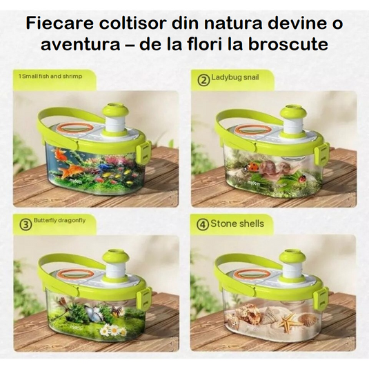 Set de cercetare pentru explorarea naturii Junior Explorer 10 piese, aventurier cu binoclu, lupa, recipiente pentru Insecte, Pesti, Plante, Busola, Telescop 8X, Jucarie STEAM, Promoveaza Invatarea Practica, Rucsac inclus, Verde Multicolor