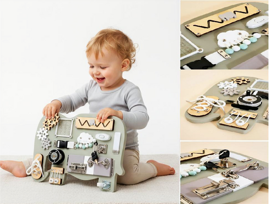 Placa Senzoriala Montessori 14-in-1 din Lemn Natural - Busy Cici Indiggo® jucarie pentru dezvolatarea abilitatilor motorice fine, concentrare si coordonare, Multiple activitati, Multicolor