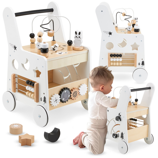 Antemergator Educational si Interactiv 5 in 1 Woody Walker Indiggo®, din Lemn Natural, Tabla senzoriala Montessori, Include Numaratoare, Forme Geometrice Rotative, Labirint cu Animale, Abac, Roti Antiderapante, Woody Alb