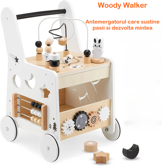 Antemergator Educational si Interactiv 5 in 1 Woody Walker Indiggo®, din Lemn Natural, Tabla senzoriala Montessori, Include Numaratoare, Forme Geometrice Rotative, Labirint cu Animale, Abac, Roti Antiderapante, Woody Alb