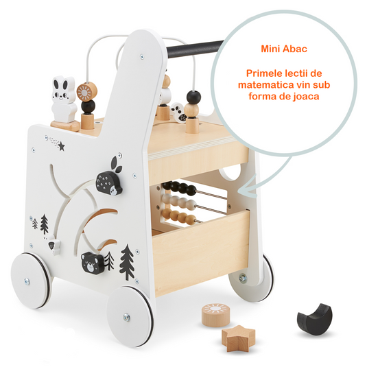 Antemergator Educational si Interactiv 5 in 1 Woody Walker Indiggo®, din Lemn Natural, Tabla senzoriala Montessori, Include Numaratoare, Forme Geometrice Rotative, Labirint cu Animale, Abac, Roti Antiderapante, Woody Alb