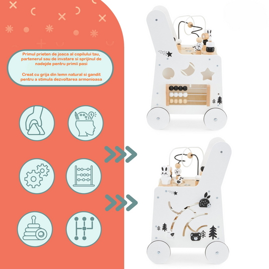 Antemergator Educational si Interactiv 5 in 1 Woody Walker Indiggo®, din Lemn Natural, Tabla senzoriala Montessori, Include Numaratoare, Forme Geometrice Rotative, Labirint cu Animale, Abac, Roti Antiderapante, Woody Alb