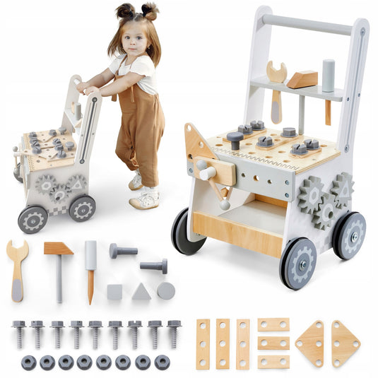 Antemergator Educational si Interactiv 3 in 1 Tools and Brains Walker Indiggo®, din Lemn Natural, Tabla senzoriala Montessori, Piese banc de lucru, Forme Geometrice Rotative, Roti Antiderapante, Woody Gray