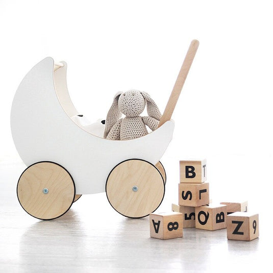 Antemergator Educational si Interactiv 2 in 1 Doll Walker Indiggo®, din Lemn Natural, stil Retro, Carucior pentru papusi, Roti Antiderapante, Woody White