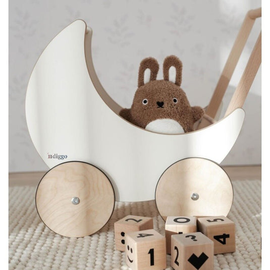 Antemergator Educational si Interactiv 2 in 1 Doll Walker Indiggo®, din Lemn Natural, stil Retro, Carucior pentru papusi, Roti Antiderapante, Woody White