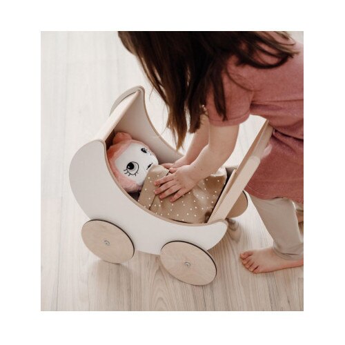 Antemergator Educational si Interactiv 2 in 1 Doll Walker Indiggo®, din Lemn Natural, stil Retro, Carucior pentru papusi, Roti Antiderapante, Woody White