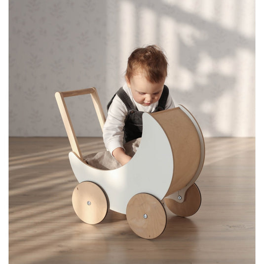 Antemergator Educational si Interactiv 2 in 1 Doll Walker Indiggo®, din Lemn Natural, stil Retro, Carucior pentru papusi, Roti Antiderapante, Woody White