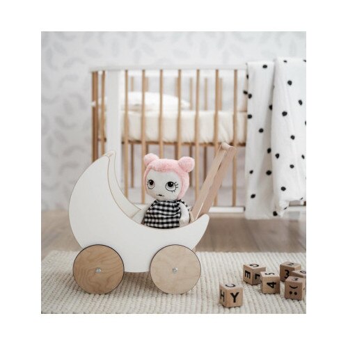 Antemergator Educational si Interactiv 2 in 1 Doll Walker Indiggo®, din Lemn Natural, stil Retro, Carucior pentru papusi, Roti Antiderapante, Woody White