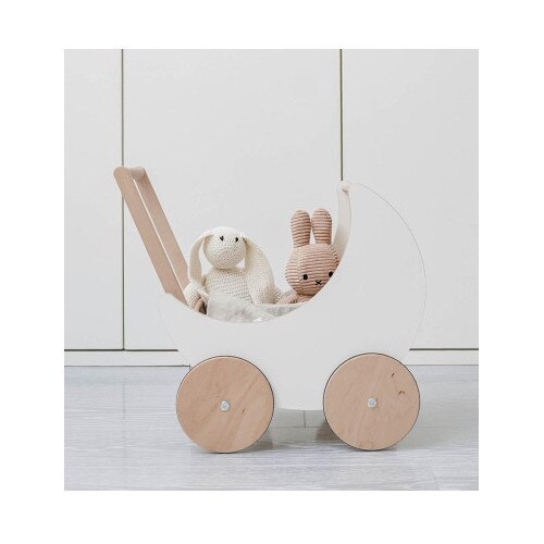 Antemergator Educational si Interactiv 2 in 1 Doll Walker Indiggo®, din Lemn Natural, stil Retro, Carucior pentru papusi, Roti Antiderapante, Woody White