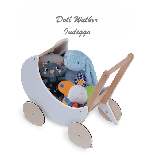 Antemergator Educational si Interactiv 2 in 1 Doll Walker Indiggo®, din Lemn Natural, stil Retro, Carucior pentru papusi, Roti Antiderapante, Woody White