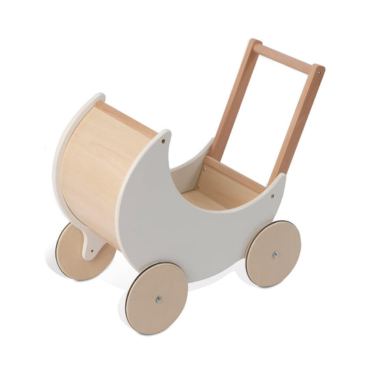Antemergator Educational si Interactiv 2 in 1 Doll Walker Indiggo®, din Lemn Natural, stil Retro, Carucior pentru papusi, Roti Antiderapante, Woody White