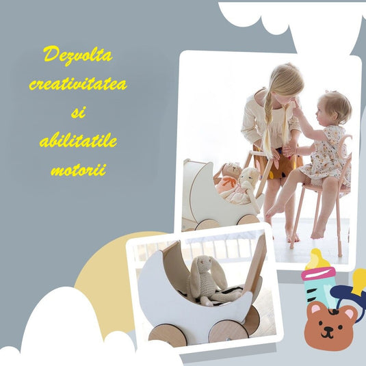 Antemergator Educational si Interactiv 2 in 1 Doll Walker Indiggo®, din Lemn Natural, stil Retro, Carucior pentru papusi, Roti Antiderapante, Woody White