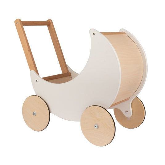 Antemergator Educational si Interactiv 2 in 1 Doll Walker Indiggo®, din Lemn Natural, stil Retro, Carucior pentru papusi, Roti Antiderapante, Woody White