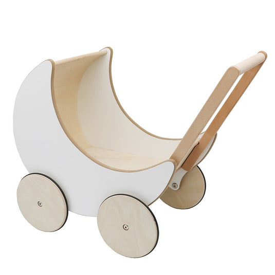 Antemergator Educational si Interactiv 2 in 1 Doll Walker Indiggo®, din Lemn Natural, stil Retro, Carucior pentru papusi, Roti Antiderapante, Woody White