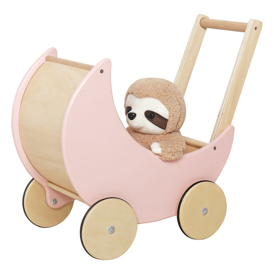 Antemergator Educational si Interactiv 2 in 1 Doll Walker Pink Indiggo®, din Lemn Natural, stil Retro, Carucior pentru papusi, Roti Antiderapante, Woody Pink