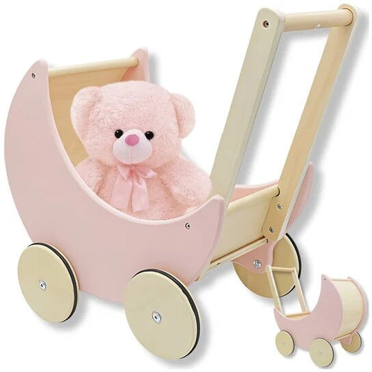 Antemergator Educational si Interactiv 2 in 1 Doll Walker Pink Indiggo®, din Lemn Natural, stil Retro, Carucior pentru papusi, Roti Antiderapante, Woody Pink