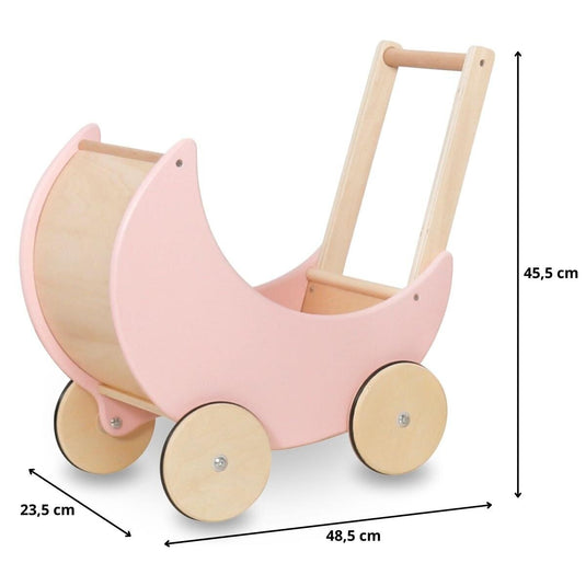 Antemergator Educational si Interactiv 2 in 1 Doll Walker Pink Indiggo®, din Lemn Natural, stil Retro, Carucior pentru papusi, Roti Antiderapante, Woody Pink