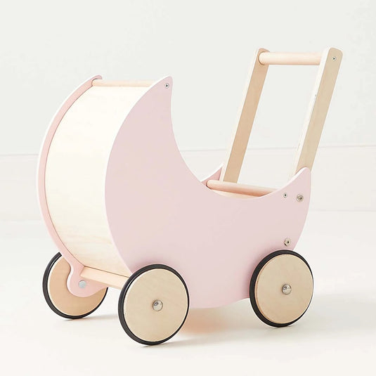 Antemergator Educational si Interactiv 2 in 1 Doll Walker Pink Indiggo®, din Lemn Natural, stil Retro, Carucior pentru papusi, Roti Antiderapante, Woody Pink