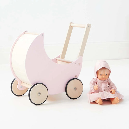 Antemergator Educational si Interactiv 2 in 1 Doll Walker Pink Indiggo®, din Lemn Natural, stil Retro, Carucior pentru papusi, Roti Antiderapante, Woody Pink