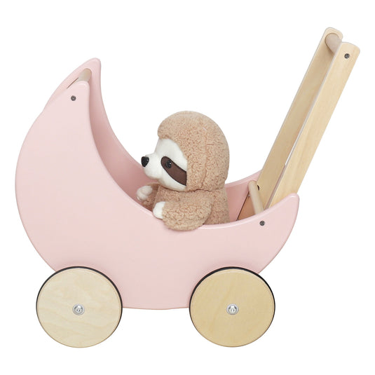 Antemergator Educational si Interactiv 2 in 1 Doll Walker Pink Indiggo®, din Lemn Natural, stil Retro, Carucior pentru papusi, Roti Antiderapante, Woody Pink