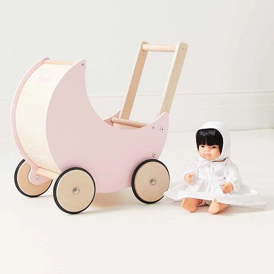 Antemergator Educational si Interactiv 2 in 1 Doll Walker Pink Indiggo®, din Lemn Natural, stil Retro, Carucior pentru papusi, Roti Antiderapante, Woody Pink