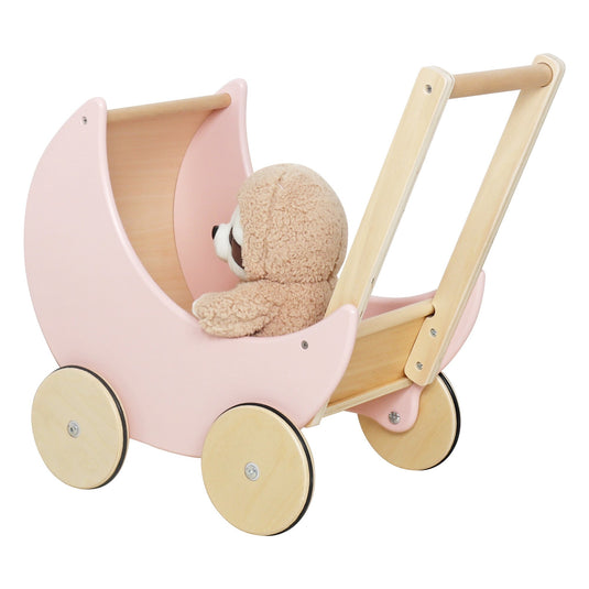 Antemergator Educational si Interactiv 2 in 1 Doll Walker Pink Indiggo®, din Lemn Natural, stil Retro, Carucior pentru papusi, Roti Antiderapante, Woody Pink