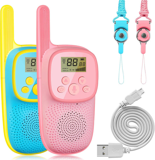 Set Walkie Talkie pentru copii Indiggo®, 2 Statii cu Acumulator inclus, Lanterna, Difuzor Incorporat, Raza de Actiune pana la 3KM, Snur de transport, pentru Interior/Exterior, Functie VOX, Blue/Pink