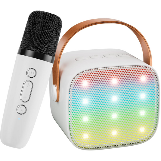 Set Karaoke Wireless pentru Copii PartyON™ Voci Magice, Microfon si Difuzor Portabil, Lumini Ambientale, Efecte Sonore, Bluetooth 5.3, Sunet Surround 3D, Player Muzical, Multifunctional, Reincarcabil, Volum Reglabil, Alb