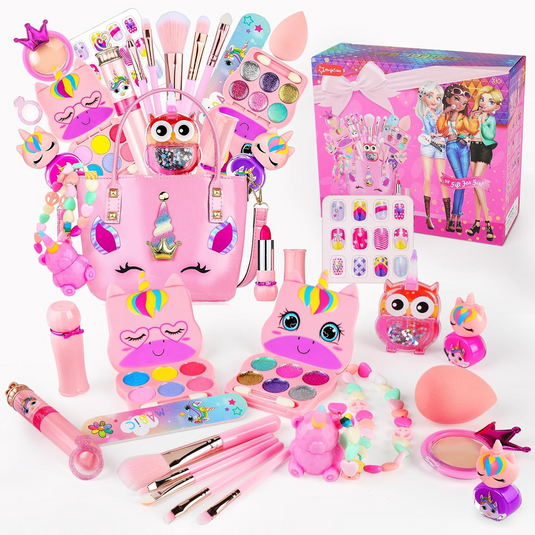 Set Trusa de Machiaj pentru Fetite BeautyFantasy™ Multi Accesorii si Gentuta, Colier si Inel, Manichiura, Farduri, Ruj, Lac de Unghii, Luciu de Buze, Pudra, Pensule, Pila, Sclipici, Lavabil si Non-Toxic, Educational si Distractiv, Perfect Pink