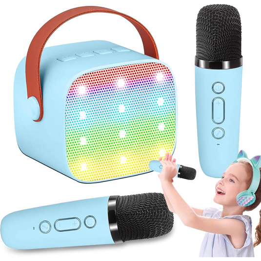 Set Karaoke Wireless pentru Copii PartyON™ cu Doua Microfoane, Difuzor Portabil, Lumini Ambientale, Bluetooth 5.3, Sunet Surround 3D, Player Muzical, Multifunctional, Reincarcabil, Volum Reglabil, Efecte Sonore, Blue