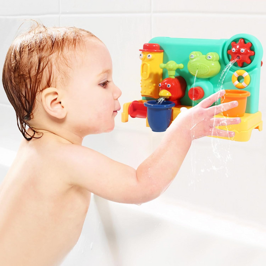 Jucarie de Baie pentru Copii si Bebelusi BubbleFriend Indiggo® cu 4 Jucarii Pulverizatoare, Ventuze Fixare Perete sau Cada, Panou, Cascada de Apa, Culori Atractive, Interactiv si Distractiv, Multicolor