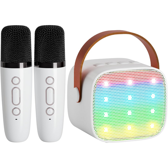 Set Karaoke Wireless pentru Copii PartyON™ cu Doua Microfoane, Difuzor Portabil, Lumini Ambientale, Bluetooth 5.3, Sunet Surround 3D, Player Muzical, Multifunctional, Reincarcabil, Volum Reglabil, Efecte Sonore, White