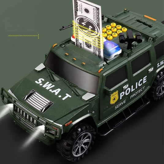 Pusculita inteligenta tip masina blindata pentru copii SMART SWAT, Cu sunete si lumina, Deschidere cu parola si recunoastere a amprentelor digitale, Plastic, Verde