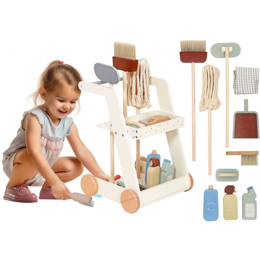 Set de Joaca si Curatenie, Interactiv si Educativ din lemn natural si Jucarie de Rol pentru Copii, MINI CLEANING KIT, 10 Piese, Mop, Faras, Perie, Matura, si Accesorii de Curatat, Suport inclus, Woody