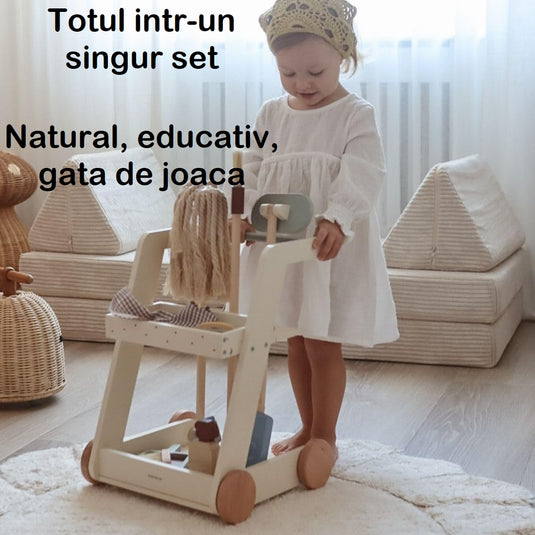Set de Joaca si Curatenie, Interactiv si Educativ din lemn natural si Jucarie de Rol pentru Copii, MINI CLEANING KIT, 10 Piese, Mop, Faras, Perie, Matura, si Accesorii de Curatat, Suport inclus, Woody