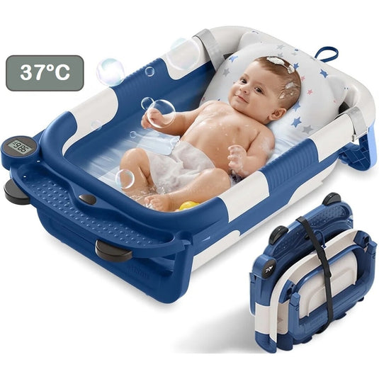 Cadita Bebelusi Pliabila cu Pernuta Moale Plutitoare BabyMood Bear UniqViBE® Design de Mentinere a Temperaturii, Termometru Incorporat/Display LCD, Tavita Depozitare, 3 Curele Reglabile, Suport Cap de Dus, Antiderapant, 0-36 Luni, Blue