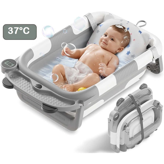 Cadita Bebelusi Pliabila cu Pernuta Moale Plutitoare BabyMood Bear UniqViBE® Design de Mentinere a Temperaturii, Termometru Incorporat/Display LCD, Tavita Depozitare, 3 Curele Reglabile, Suport Cap de Dus, Antiderapant, 0-36 Luni, Grey