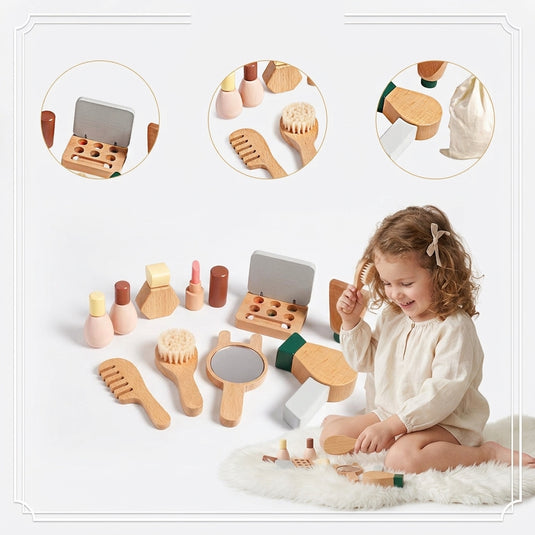 Trusa de Machiaj pentru Fetite din Lemn natural Petit Kitty, Include Farduri, 2 Lacuri de Unghii, Pensule, Perie, Oglinda, Ruj, Vopsea pe baza de Apa, Saculet de Bumbac pentru transport, Jucarie de rol, Indiggo®, 3ani+, Woody